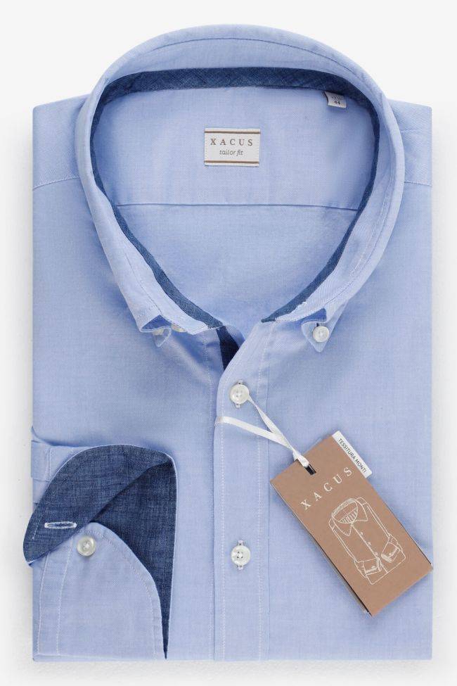 Xacus Hemd Herren Xacus Regular Einfarbig 90% Baumwolle 10% Leinen Kragen Button-Down Lange Ärmel