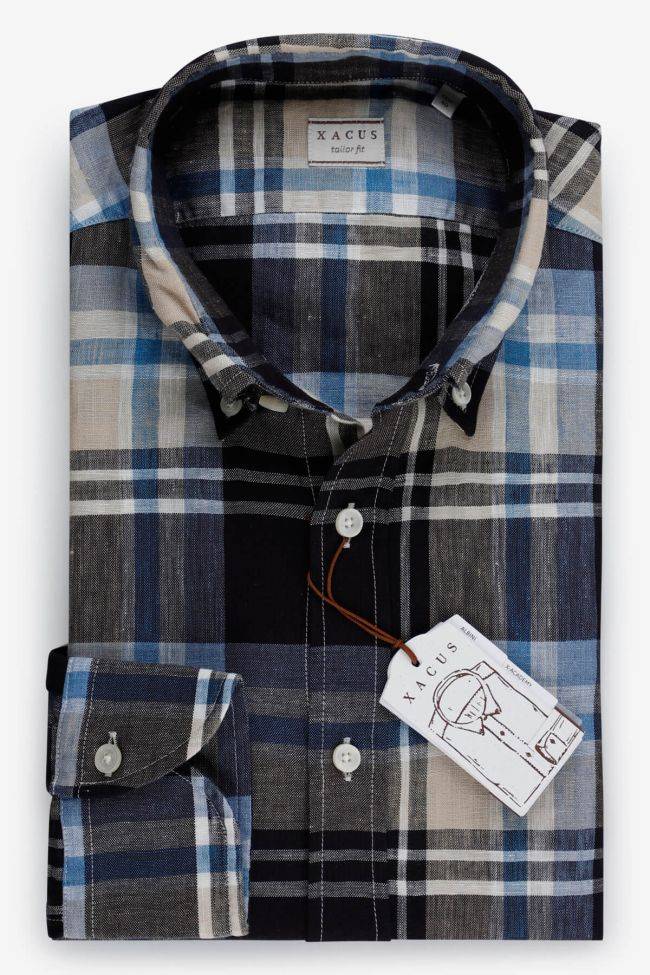 xacus Hemd Herren Xacus Regular Karo 100% Leinen kragen Button-Down Lange Ärmel