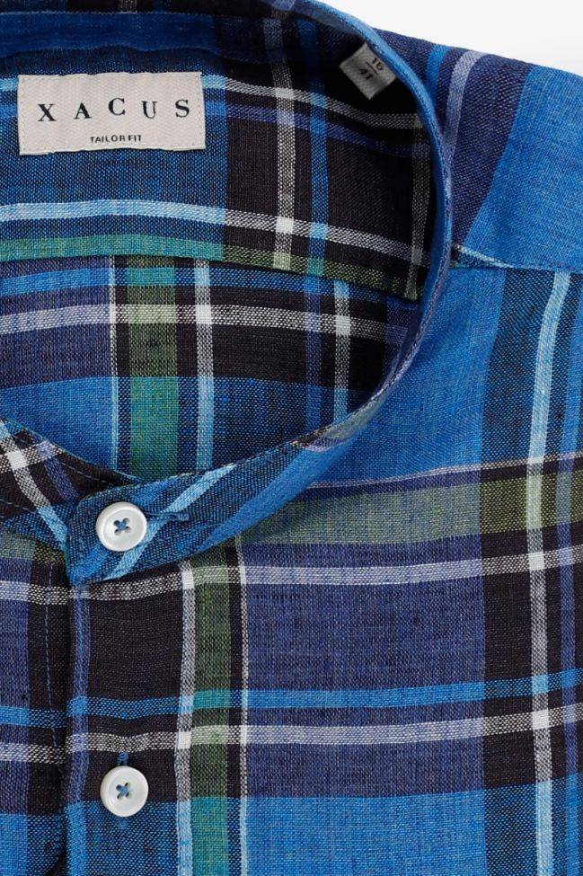 Xacus Hemd Herren Xacus Regular Karo 100% Leinen Kragen Mandarinkragen Lange Ärmel