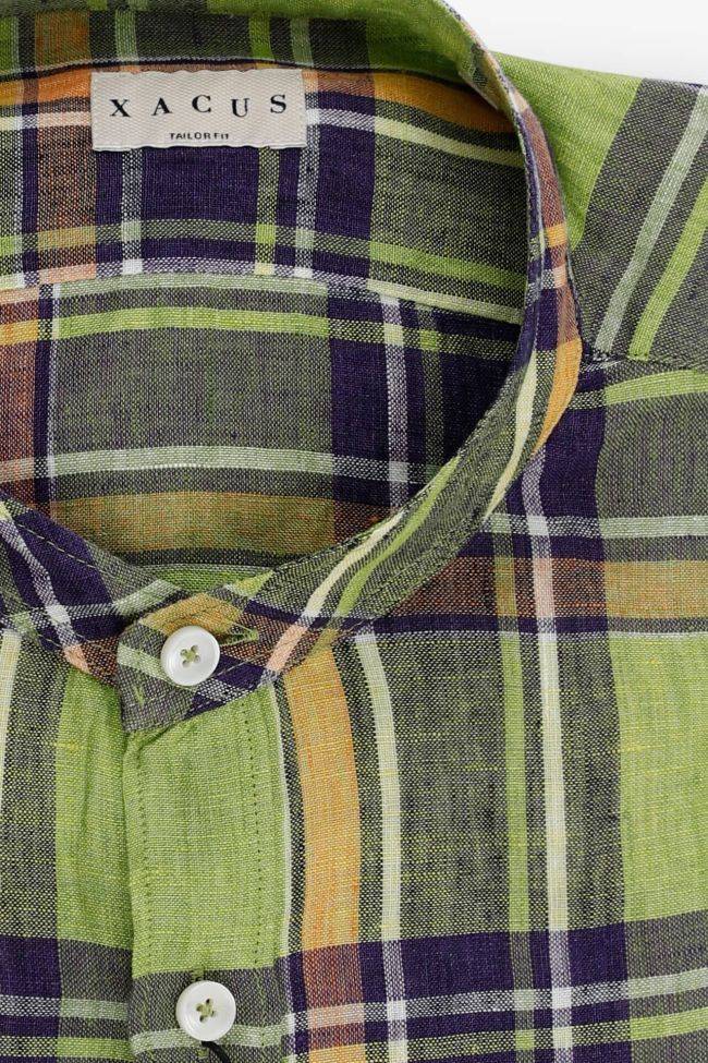 Xacus Hemd Herren Xacus Regular Karo 100% Leinen Kragen Mandarinkragen Lange Ärmel