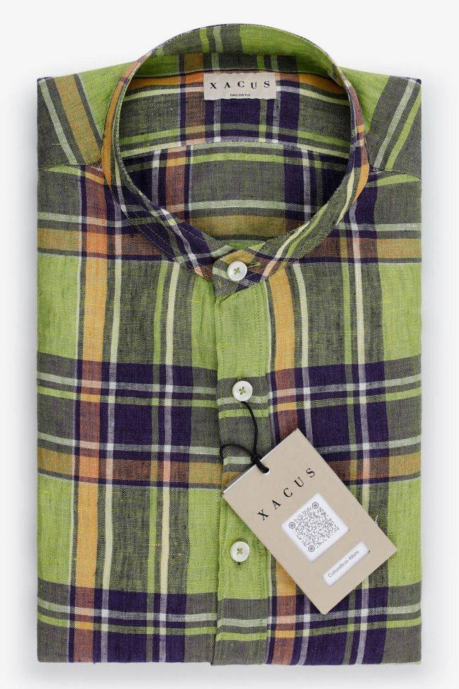 xacus Hemd Herren Xacus Regular Karo 100% Leinen kragen Mandarinkragen Lange Ärmel