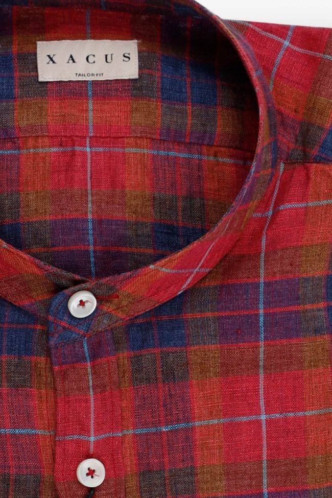 Xacus Hemd Herren Xacus Regular Karo 100% Leinen Kragen Mandarinkragen Lange Ärmel