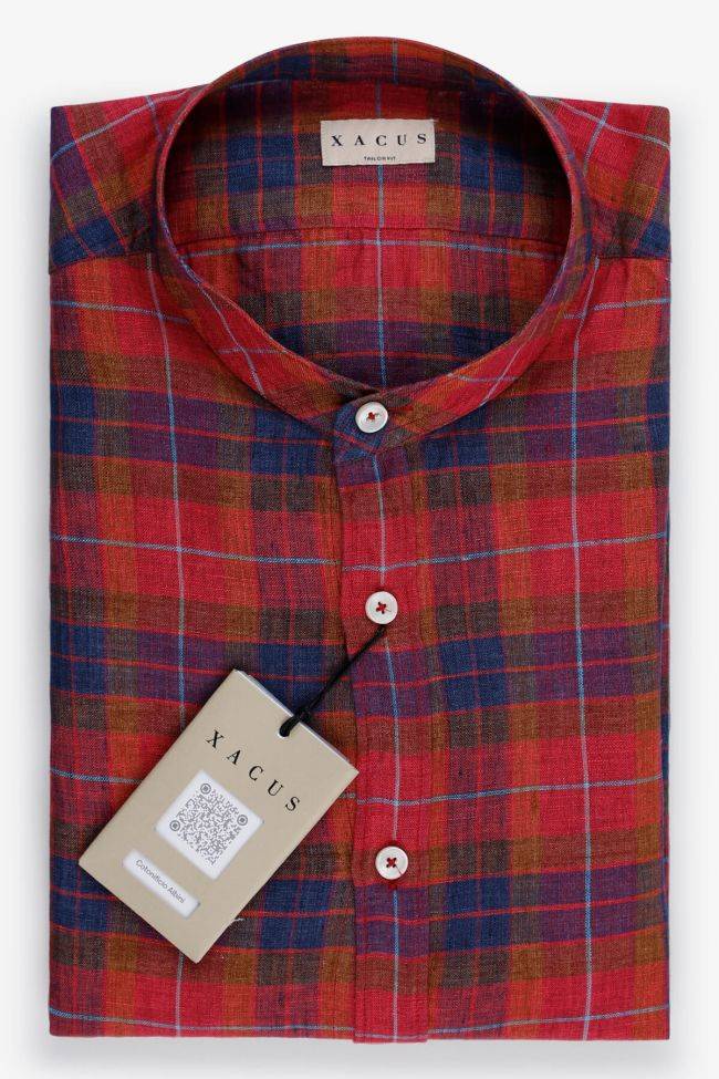 xacus Hemd Herren Xacus Regular Karo 100% Leinen kragen Mandarinkragen Lange Ärmel