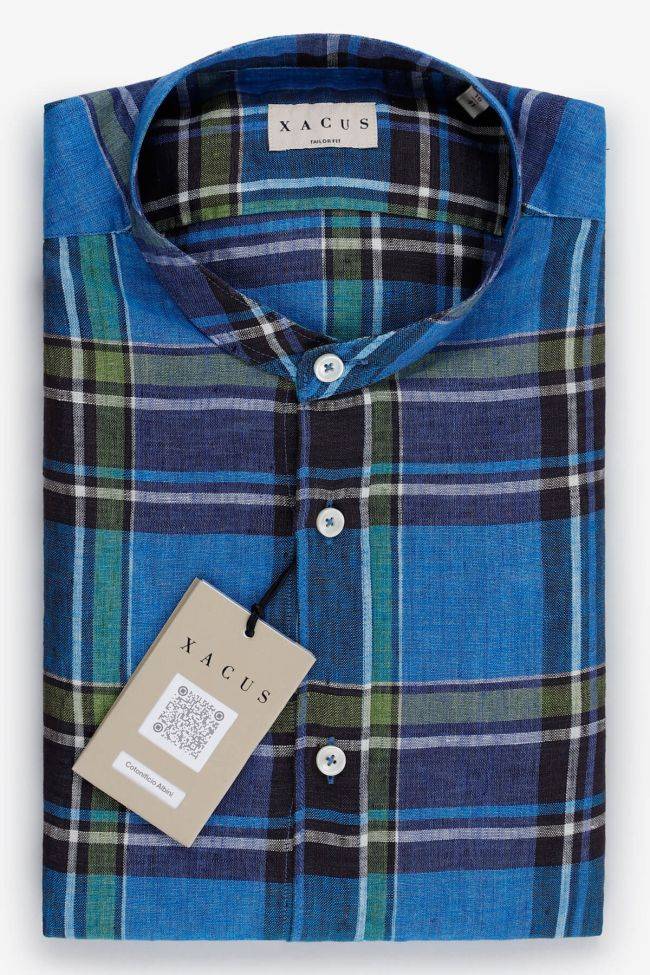 xacus Hemd Herren Xacus Regular Karo 100% Leinen kragen Mandarinkragen Lange Ärmel
