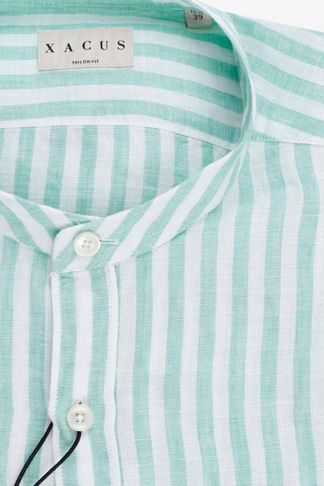 Xacus Hemd Herren Xacus Regular Streifen 100% Leinen Kragen Mandarinkragen Lange Ärmel
