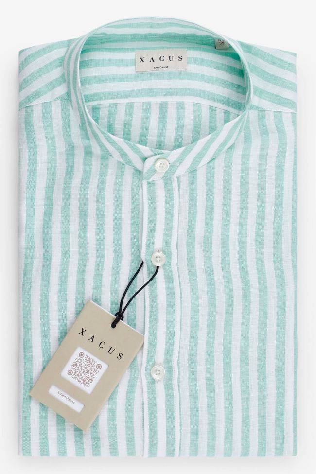 xacus Hemd Herren Xacus Regular Streifen 100% Leinen kragen Mandarinkragen Lange Ärmel