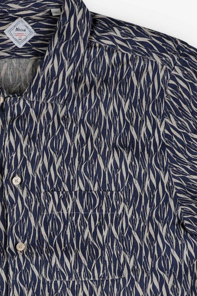 Xacus Hemd Herren Xacus Slim Muster 100% Leinen Kragen Hawaiikragen Kurze Ärmel