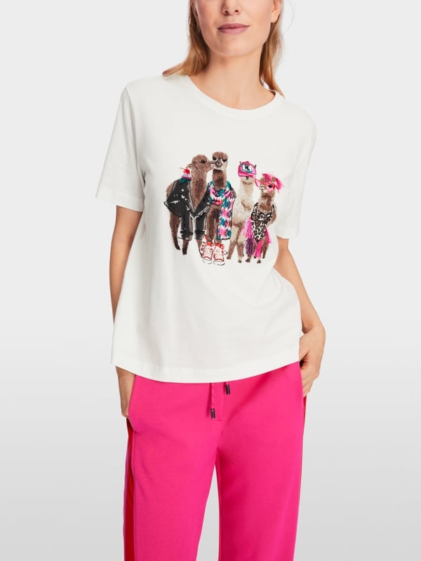 Marc Cain Baumwoll-T-Shirt Mit Lama-Gang-Motiv