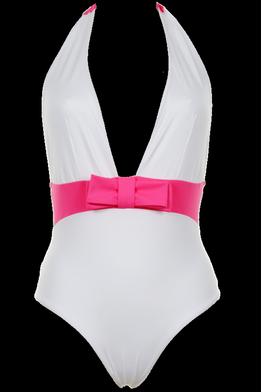 SALE Babylon Badeanzug in Weiß mit pinkert Taille und Schleife