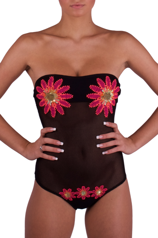 SALE Bandeau Badeanzug In Netzoptik Und Blütenstickerei