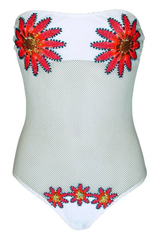 SALE Bandeau Badeanzug in Netzoptik und Blütenstickerei