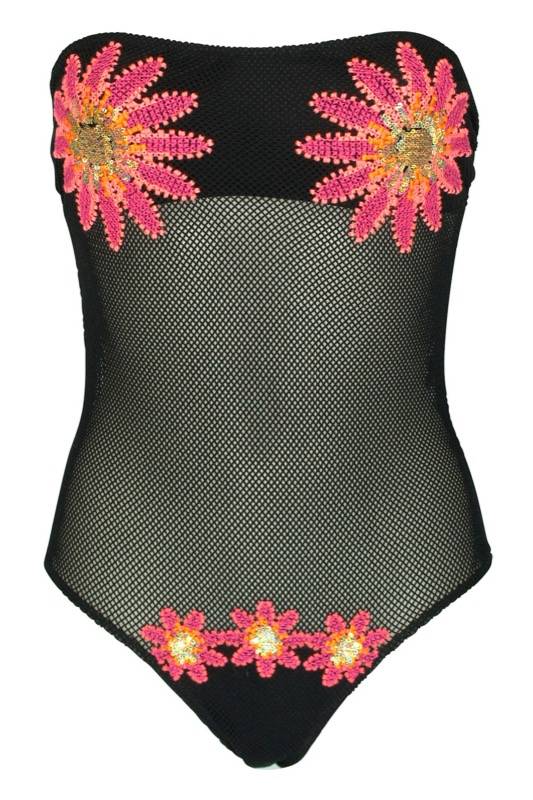 SALE Bandeau Badeanzug in Netzoptik und Blütenstickerei