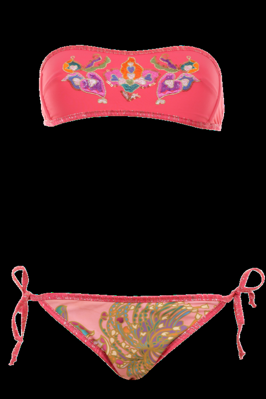 SALE Bandeau Bikini VERONICA mit feiner Multicolor-Blumen-Stickerei auf Koralle