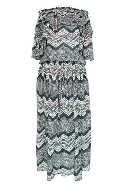 SALE Bedrucktes Schulterfreies Top Mit Geflochtenen Details In Schwarz