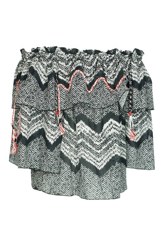 SALE Bedrucktes Schulterfreies Top Mit Geflochtenen Details In Schwarz