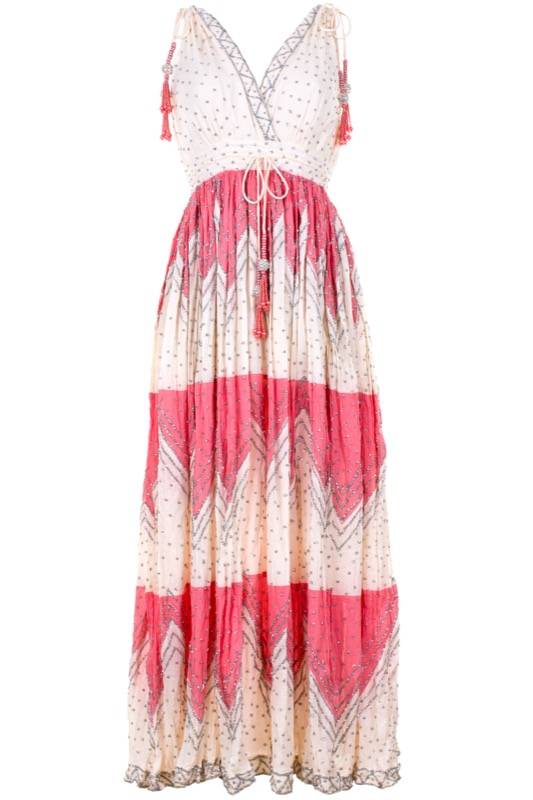 SALE Besticktes Baumwoll-Maxikleid Mit Stickerei In Ecru-Koralle Auf Weiß