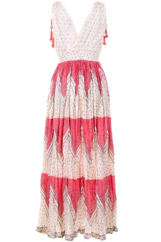 SALE Besticktes Baumwoll-Maxikleid mit Stickerei in Ecru-Koralle auf Weiß