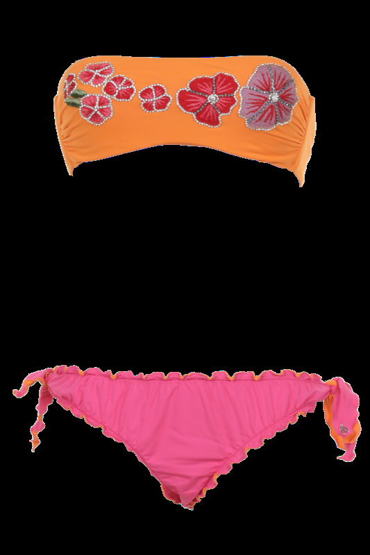 SALE Gefütterter Bandeau Bikini in Pink/ Orange mit Blumen-Stickerei und Schmucksteinen