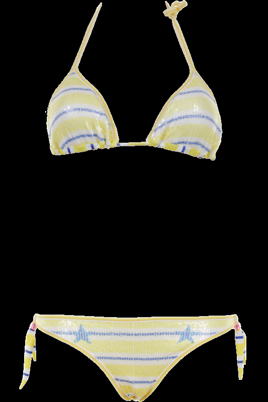 SALE Gefütterter Triangle Bikini mit Pailletten und Streifenmuster in Gelb-Weiß-Blau