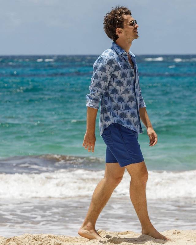 HERREN Leinenhemd Palme In Dunkelblau