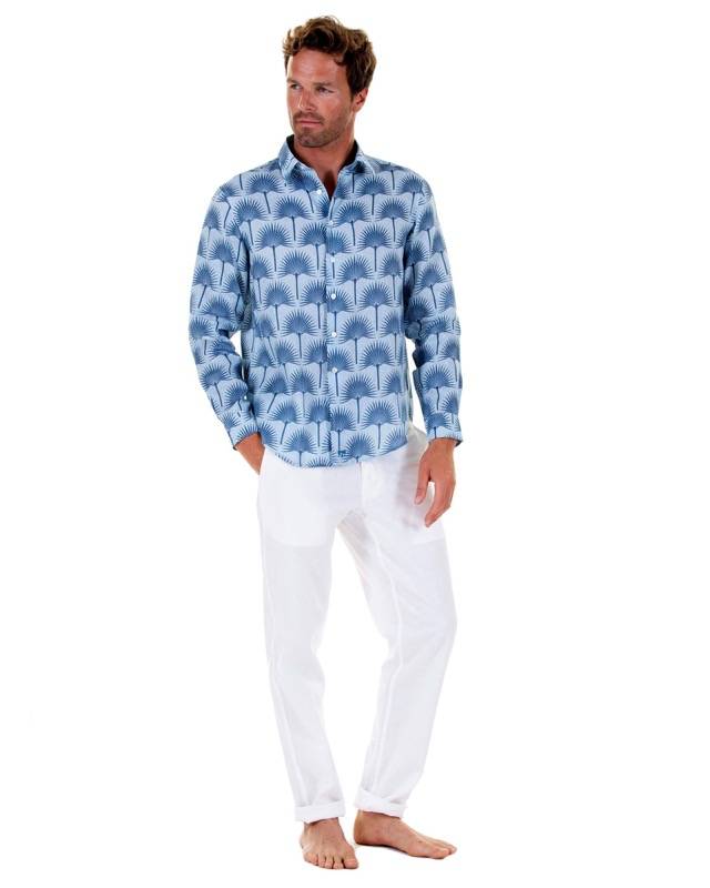 HERREN Leinenhemd Palme In Dunkelblau