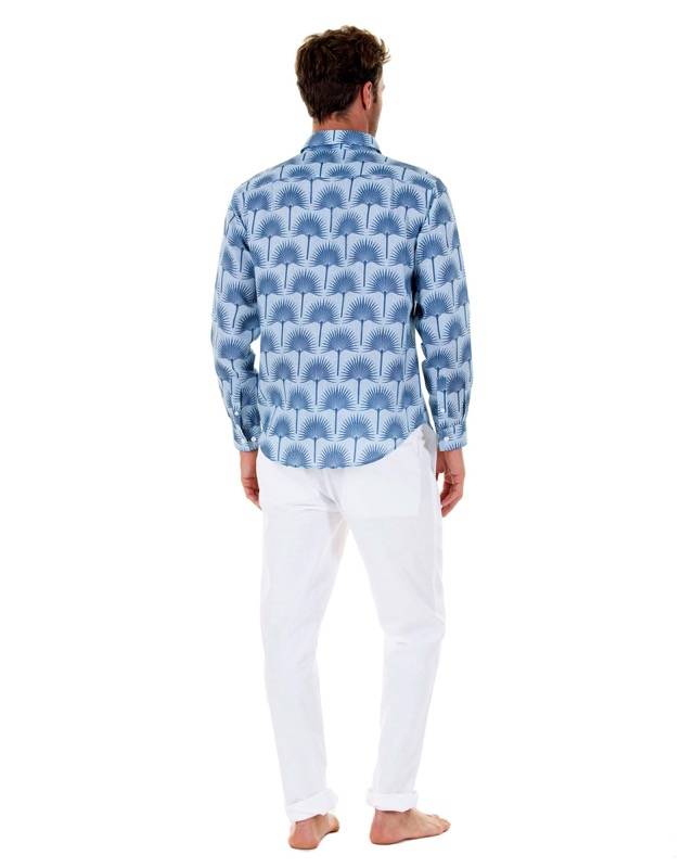 HERREN Leinenhemd Palme In Dunkelblau