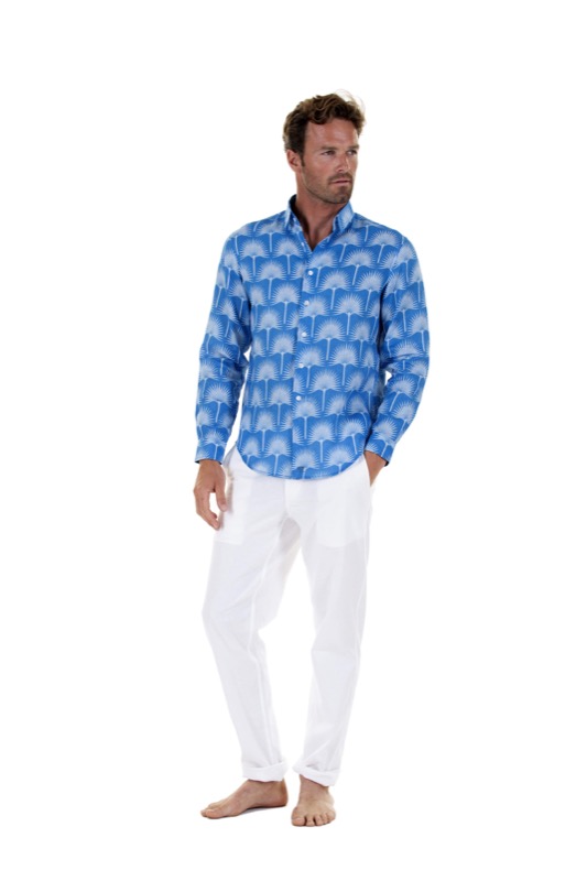 HERREN Leinenhemd Palme In Himmelblau