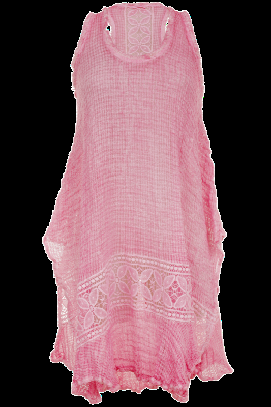 SALE Kleid Senza Maniche aus Leinen-Mix mit Makramee-Spitze in Hellrosé