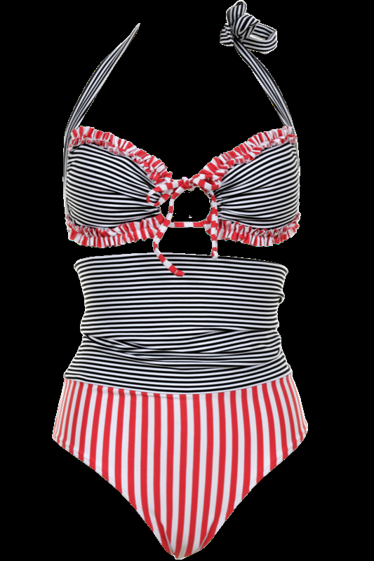 SALE Marie gefütterter Bandeau-Bikini Kombination mit Rot/ Schwarz/Weiß Streifen