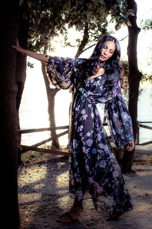 SALE Maxikleid Mit Blumendruck Aus Baumwolle In Schwarz