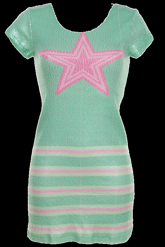SALE Minikleid mit Pailletten und Streifenmuster in Grün-Fushia