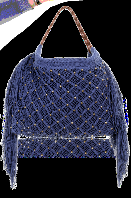 SALE Neal Handtasche aus reiner Baumwolle in Navy Blue mit Flechtarbeit mit Nieten und Fransen