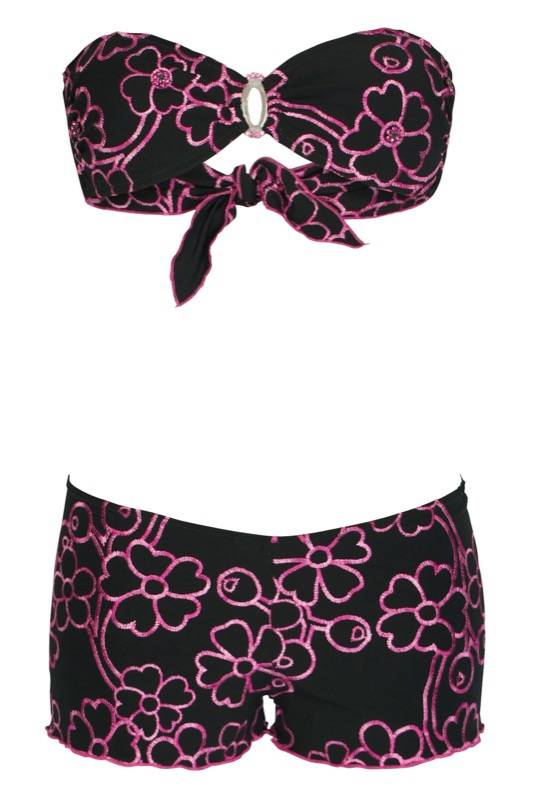 SALE Padded Bandeau Bikini Mit Blütenstickerei In Schwarz