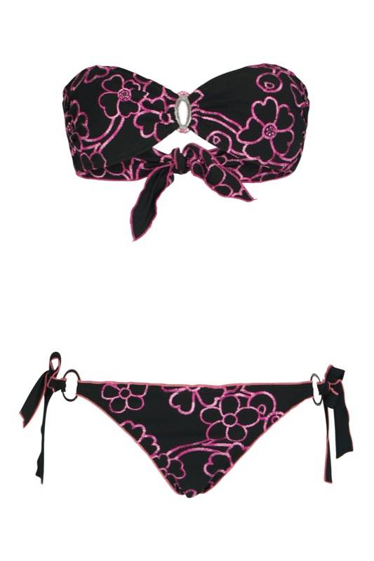 SALE Padded Bandeau Bikini mit Blütenstickerei in schwarz