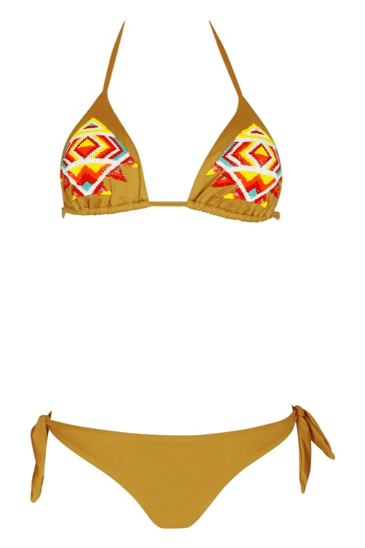 SALE Padded Triangle Bikini In Braun Mit Perlenstickerei
