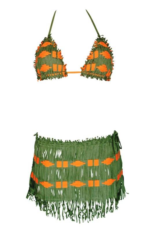 SALE Padded Triangle Bikini In Gewebter Lederoptik Orange