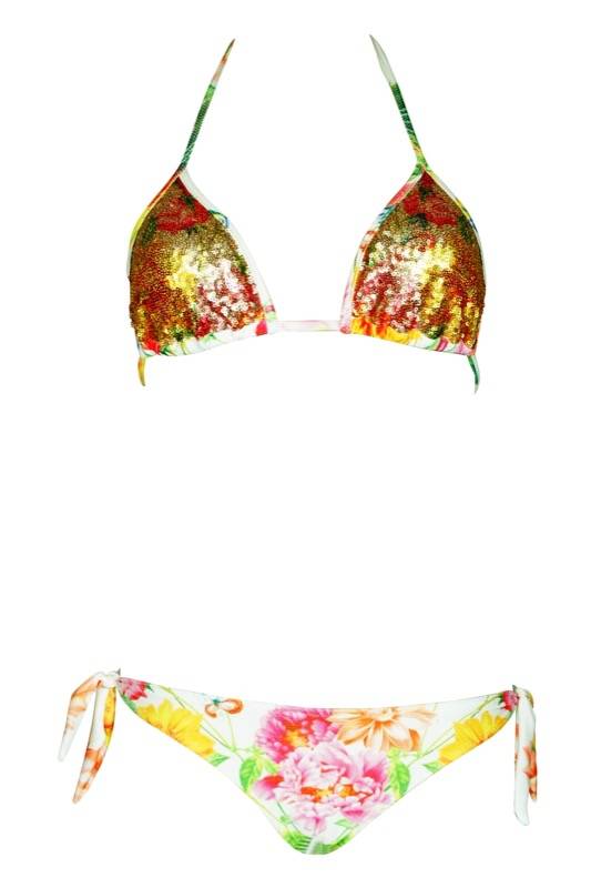 SALE Padded Triangle Bikini Mit Pailletten In Weiß