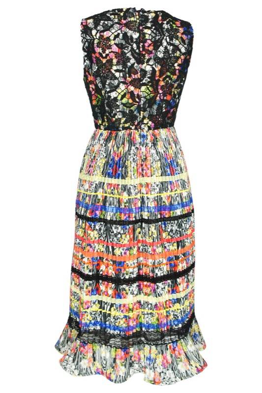 SALE Plisseekleid Mit Floralem Print Und Spitzeneinsätzen Lang