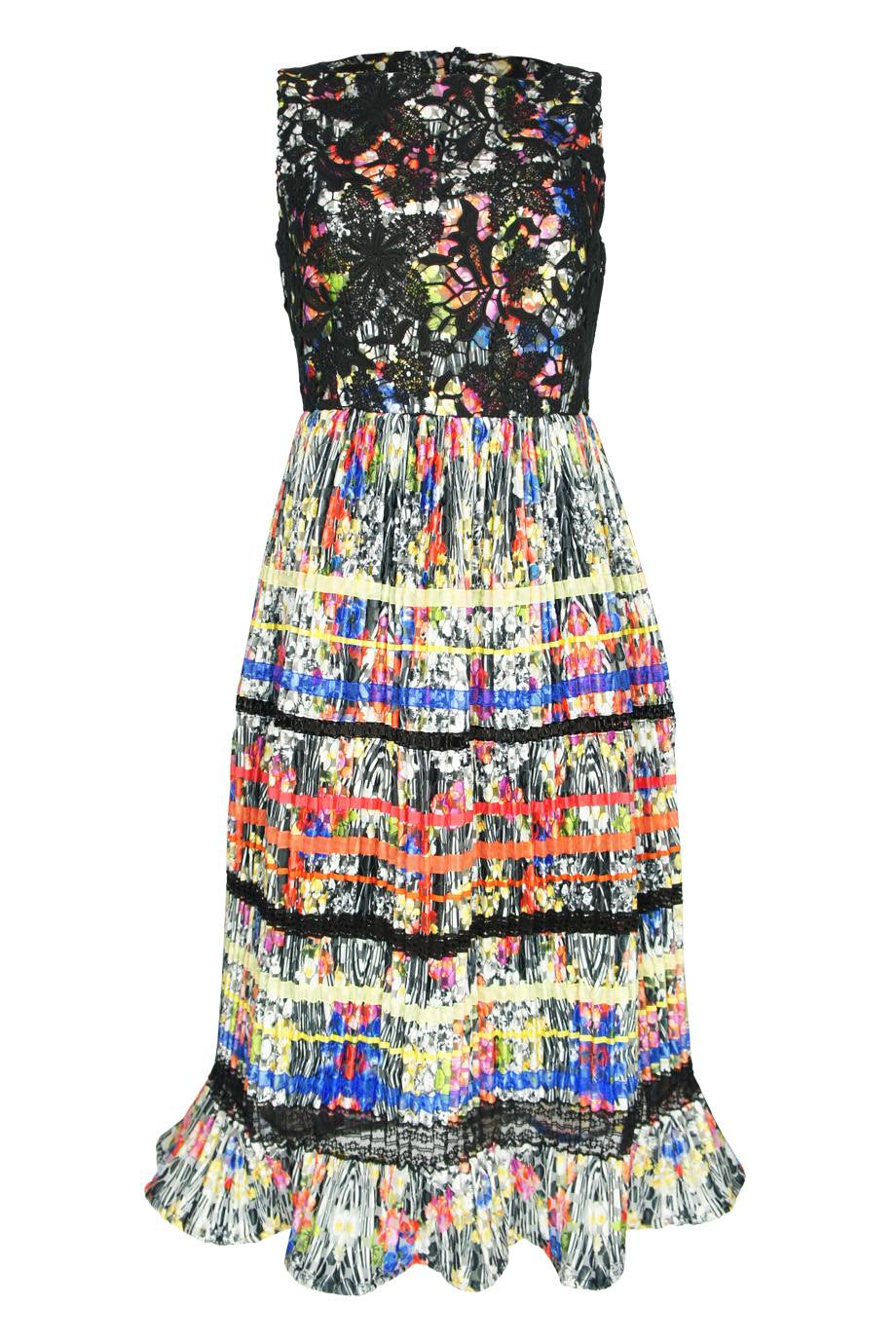 SALE Plisseekleid mit floralem Print und Spitzeneinsätzen lang