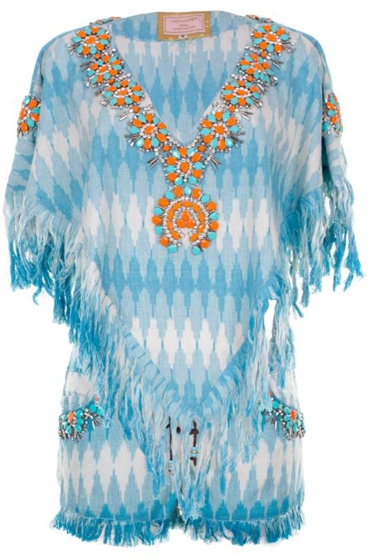 SALE Poncho Aus Baumwolle Mit Blumen-Stickerei Orange Auf Blau-weiß-grauem Zackenprint