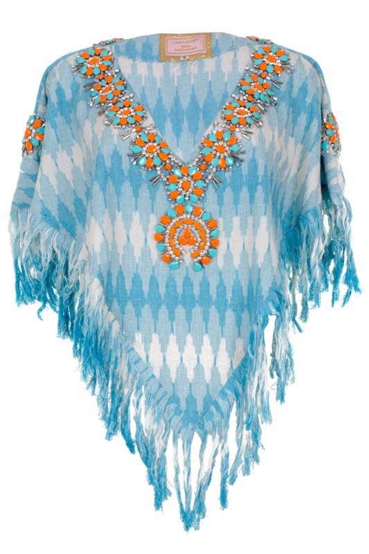SALE Poncho aus Baumwolle mit Blumen-Stickerei Orange auf blau-weiß-grauem Zackenprint