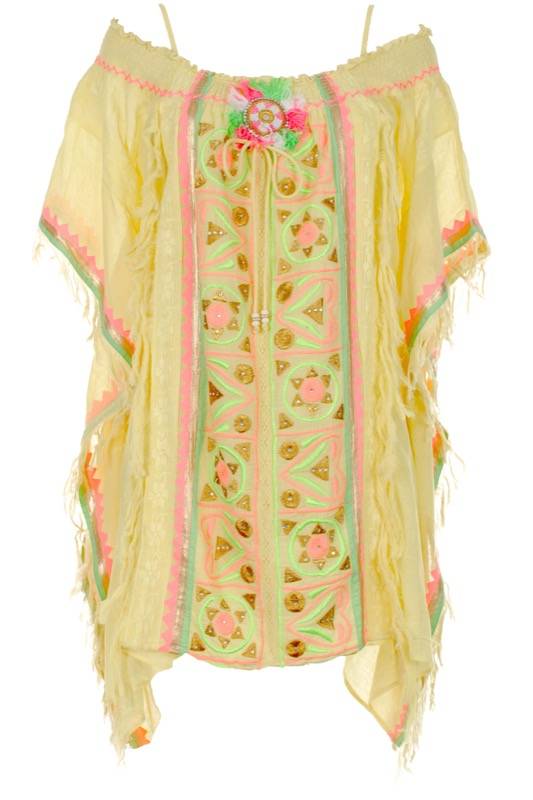 SALE Poncho aus Baumwolle mit Stickerei in Multicolor auf Sonnengelb