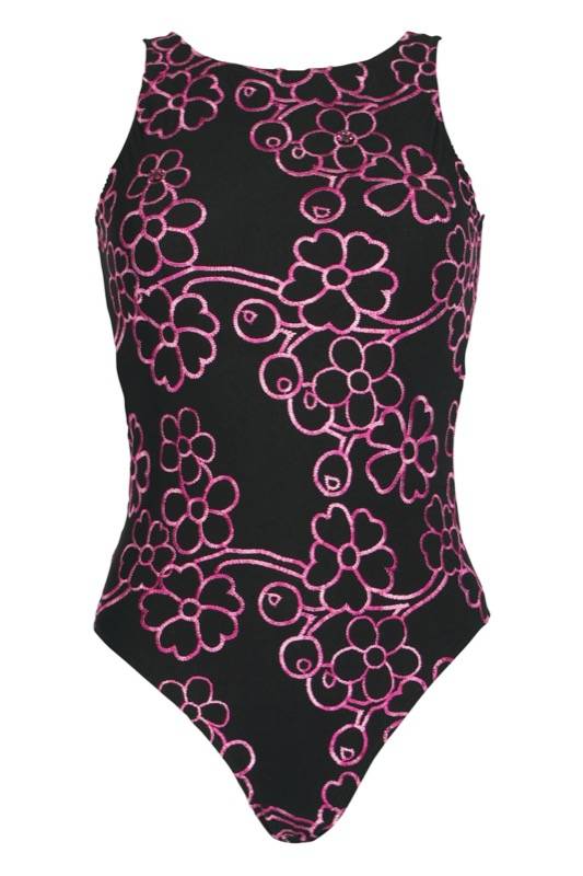 SALE Badeanzug mit Blütenstickerei in schwarz