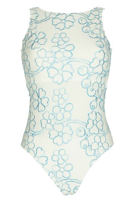 SALE Badeanzug mit Blütenstickerei in Weiß