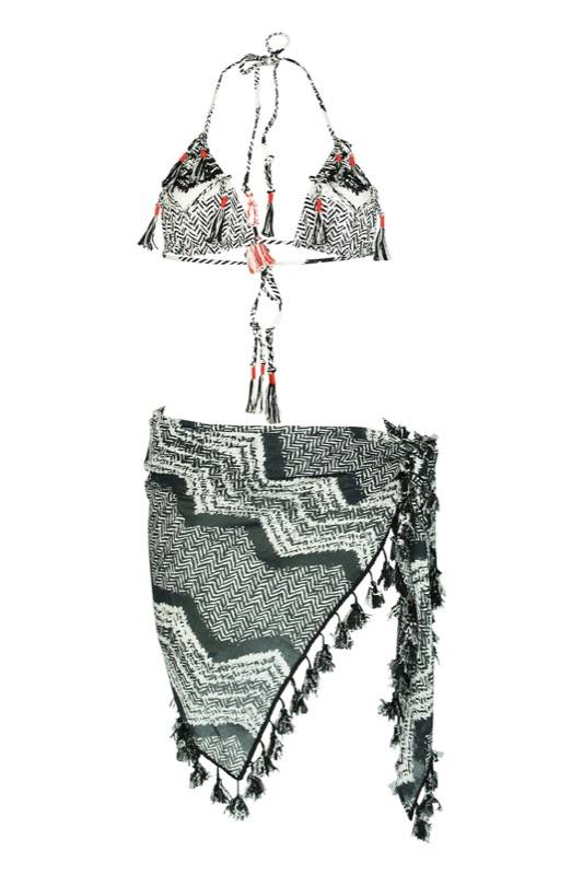 SALE Bedrucktes Pareo Mit Quasten In Schwarz