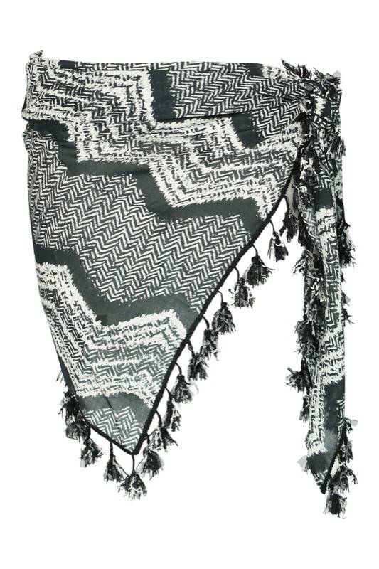 SALE Bedrucktes Pareo mit Quasten in Schwarz