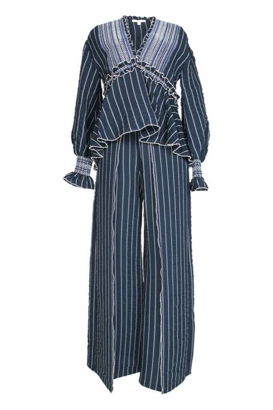 SALE Gesmokte Hose Mit Schlitz In Dunkelblau