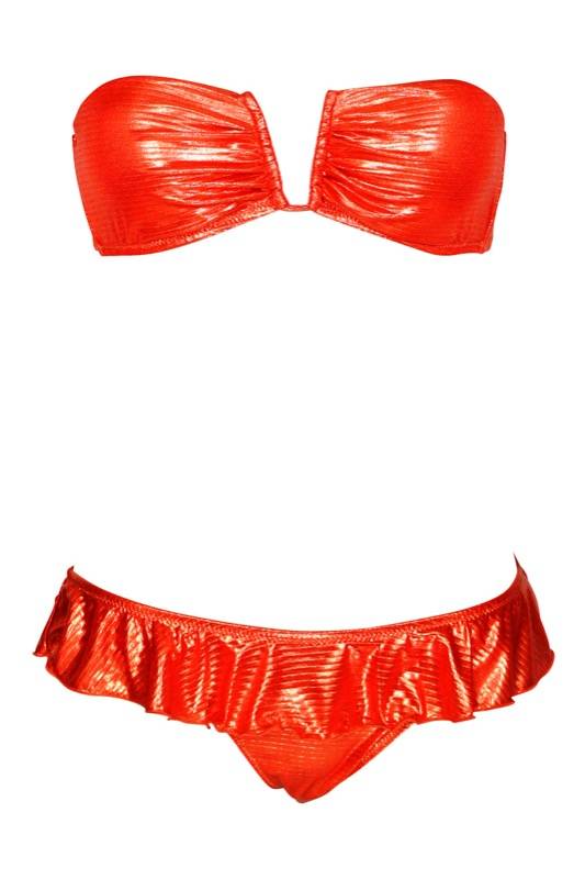 SALE Padded Bandeau Bikini im Metallic-Look in rot
