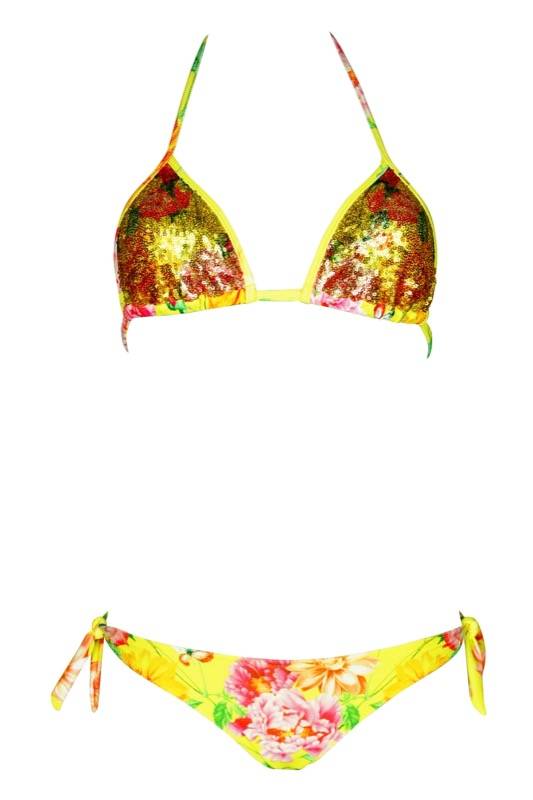 SALE Padded Triangle Bikini mit Pailletten in gelb