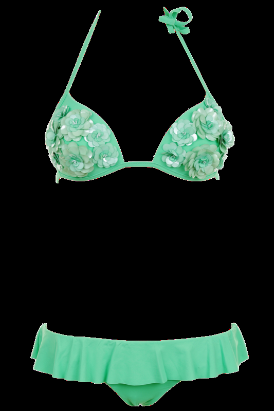 SALE Push Up Bikini Mit Pailletten- Blumen In Grün